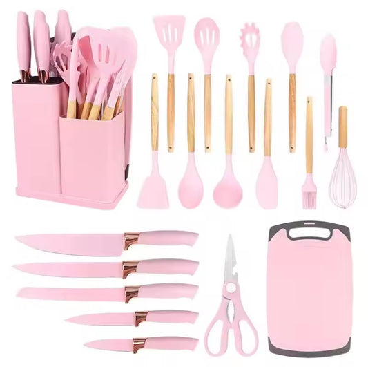 Kitchen set: 12 silicone utensils 5 stainless steel knives + accessories