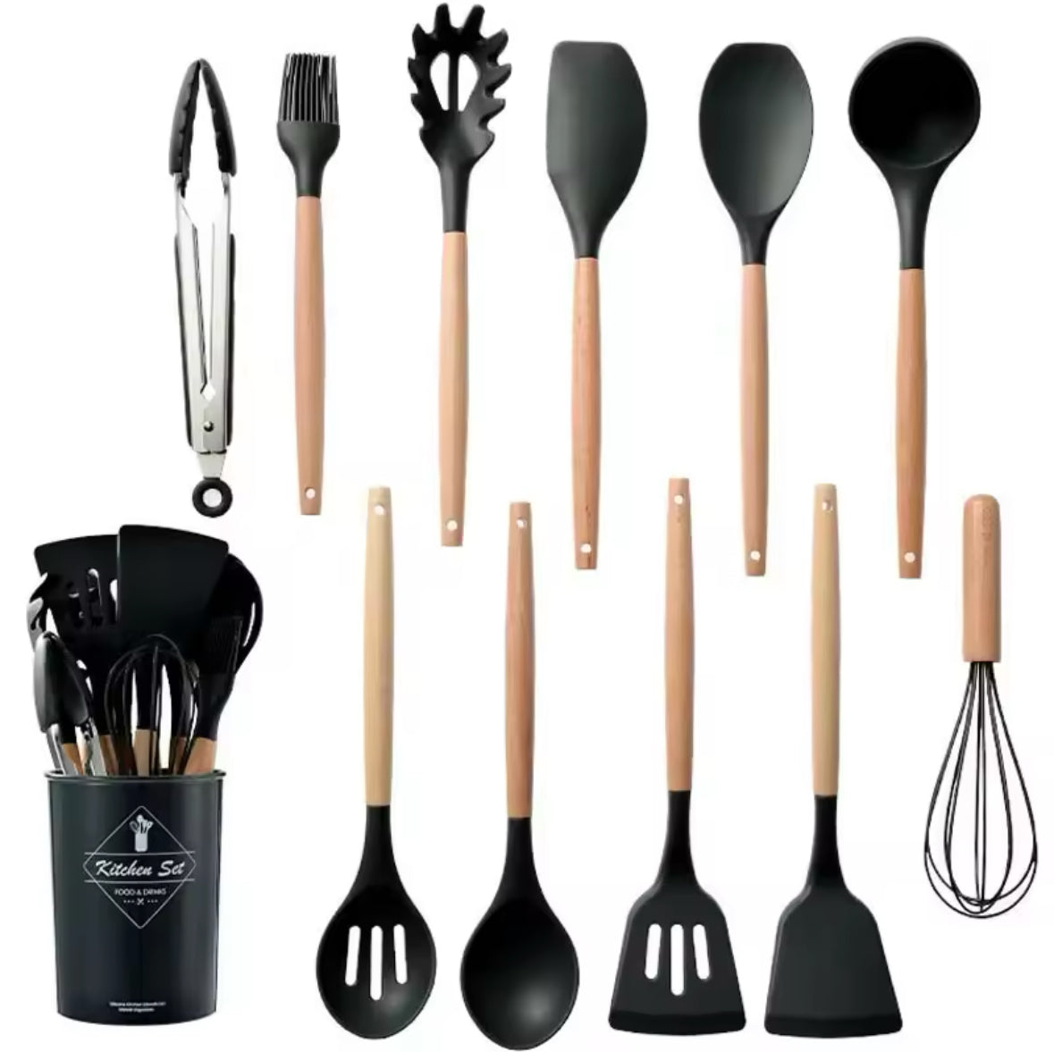 Kitchen Set: 11 silicone utensils with wooden handle and utensil holder included | BeSmart™