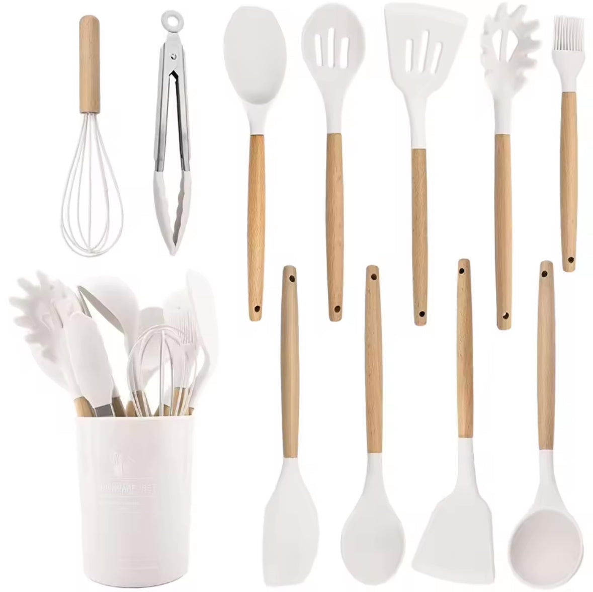 Kitchen Set: 11 silicone utensils with wooden handle and utensil holder included | BeSmart™