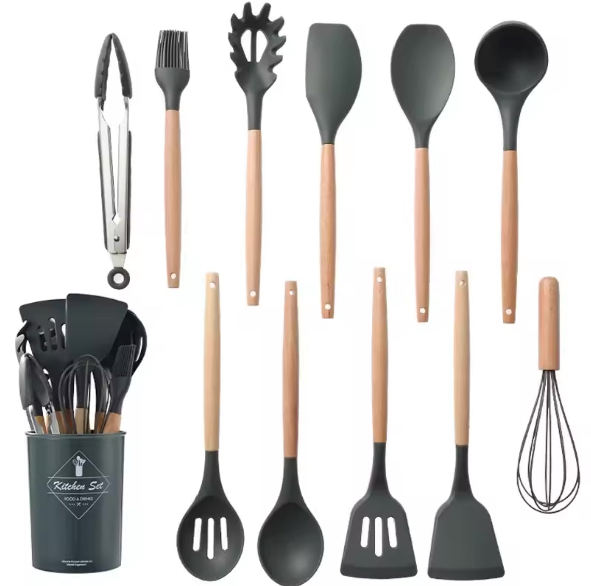 Kitchen Set: 11 silicone utensils with wooden handle and utensil holder included | BeSmart™